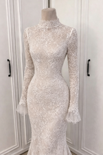 Lace High Neck Long Sleeve Mermaid Floor-Length Wedding Dress
