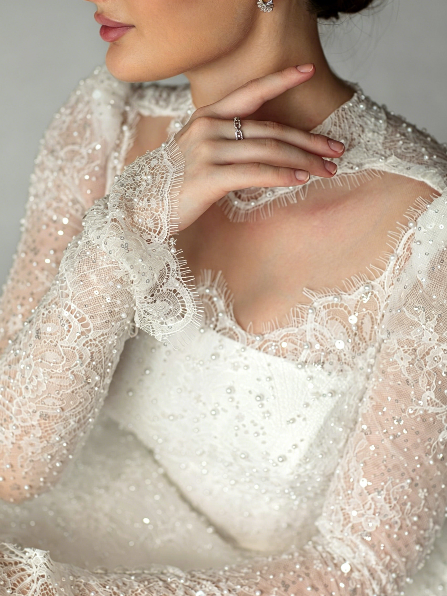 Long Sleeve Beaded Lace Ball Gown Wedding Dress