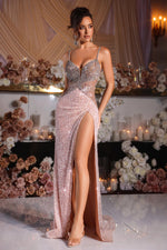 Spaghetti Straps Sequins Sparkle Sleevless Mermaid Side Slit Prom Dress
