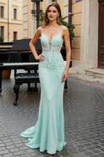 Exquisite Formal Women Mint Green Mermaid Spaghetti Scoop Neck Sleeveless with Appliques Backless Long Prom Dress