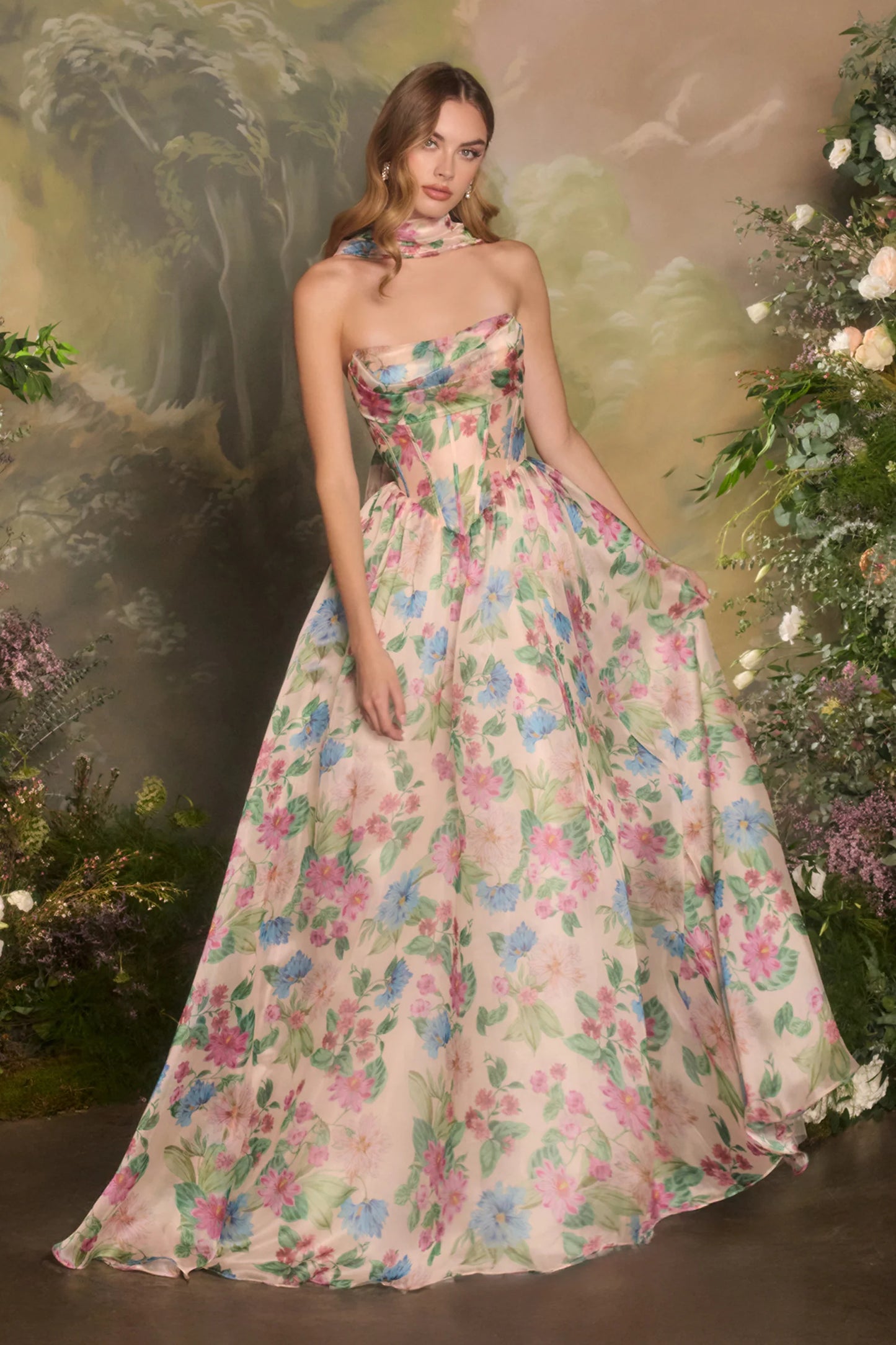 Fashion Flowers Floral Print Sleeveless A-Line Prom Dress Lace UP