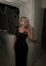 One Shoulder Black Beaded Sequins Mermaid Sleeveless Floor-Length Prom Dress