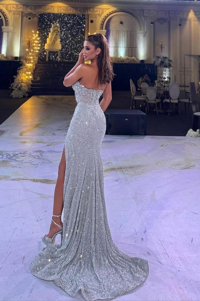 Sequins Strapless Sleeveless Split Long Prom Dress With Beading