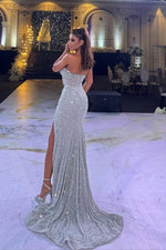 Sequins Strapless Sleeveless Split Long Prom Dress With Beading