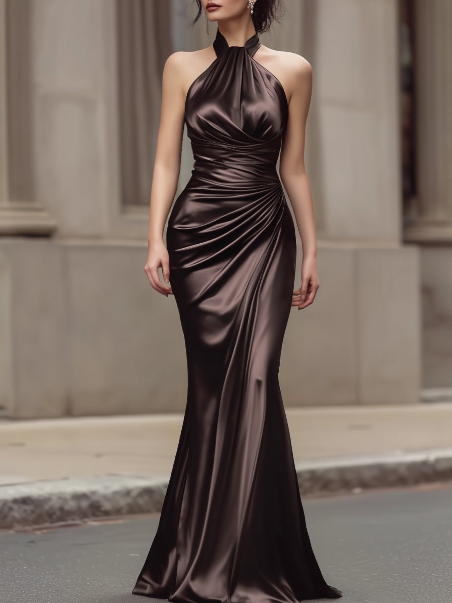 Halter Neck Draped Satin Column Maxi Dress