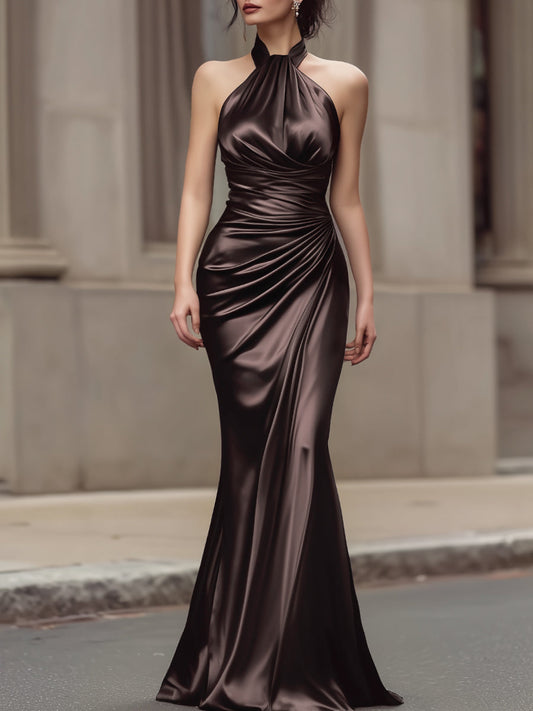 Halter Neck Draped Satin Column Maxi Dress