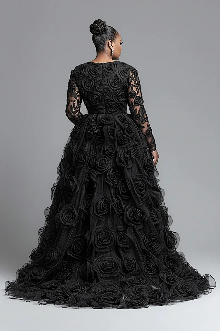 Plus Size Formal Black V Neck Long Sleeve 3D Elegant Split Tulle Maxi Dresses