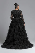 Plus Size Formal Black V Neck Long Sleeve 3D Elegant Split Tulle Maxi Dresses