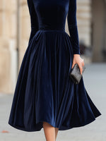 Velvet Long Sleeves Midi Dress With Sculpted Off-Shoulder Collar