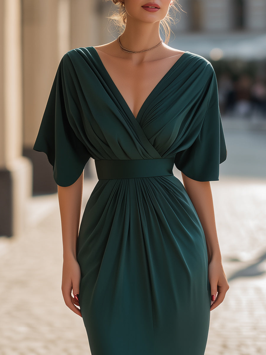 Draped V-Neck Maxi Dress With Front Slit