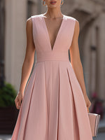 Blush Pink Sleeveless Deep V-Neck Pleated Fit-and-Flare Midi Dress