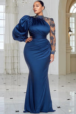 Plus Size Formal Blue Mock Neck Lantern Sleeve Long Sleeve Drilling Elegant See Through Tulle Satin Maxi Dresses