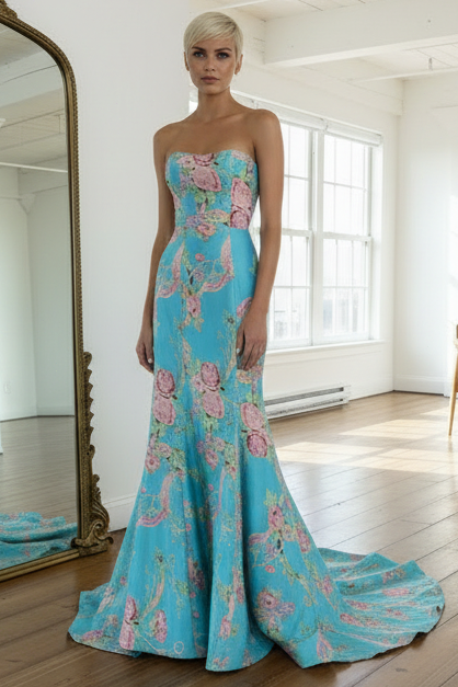 Mermaid Strapless Floral Satin Prom Dress