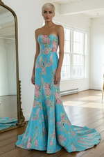 Mermaid Strapless Floral Satin Prom Dress