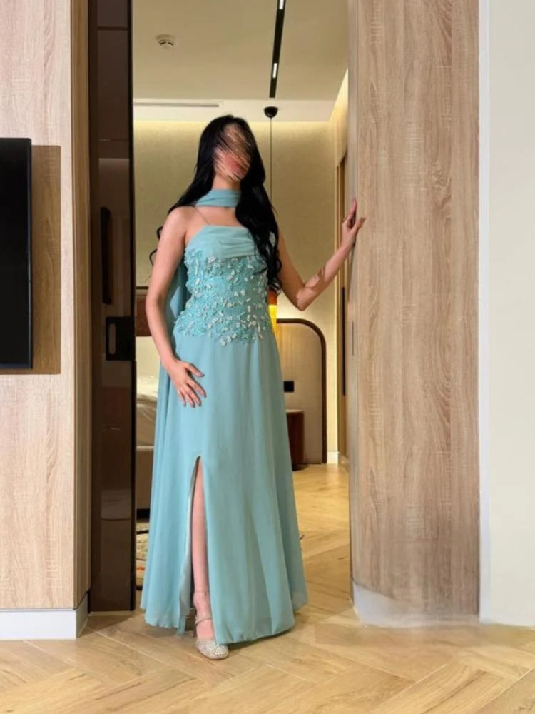 Strapless Beaded Sleeveless A-Line Side Shawl Evening Dress Foraml Women