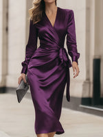 Deep Purple Satin Wrap Midi Dress