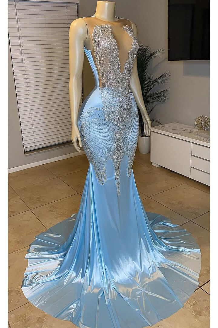 Sky Blue Sleeveless Scoop Mermaid Prom Dresses Long With Beadings Online