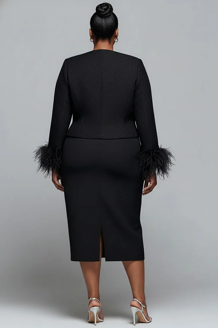 Plus Size Cocktail Party Black Round Neck Long Sleeve Feather Elegant Two Piece Dress Set [Pre-Order]