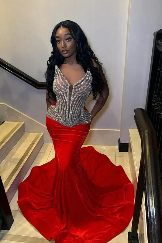 Modern Red V-Neck Sleeveless Prom Dress Mermaid Long With Beadings