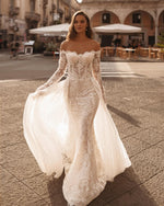 White Long Sleeves Strapless Mermaid Embroidery Wedding Dress