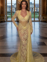 Yellow Long Sleeves Sweetheart Mermaid Embroidery Evening Dress