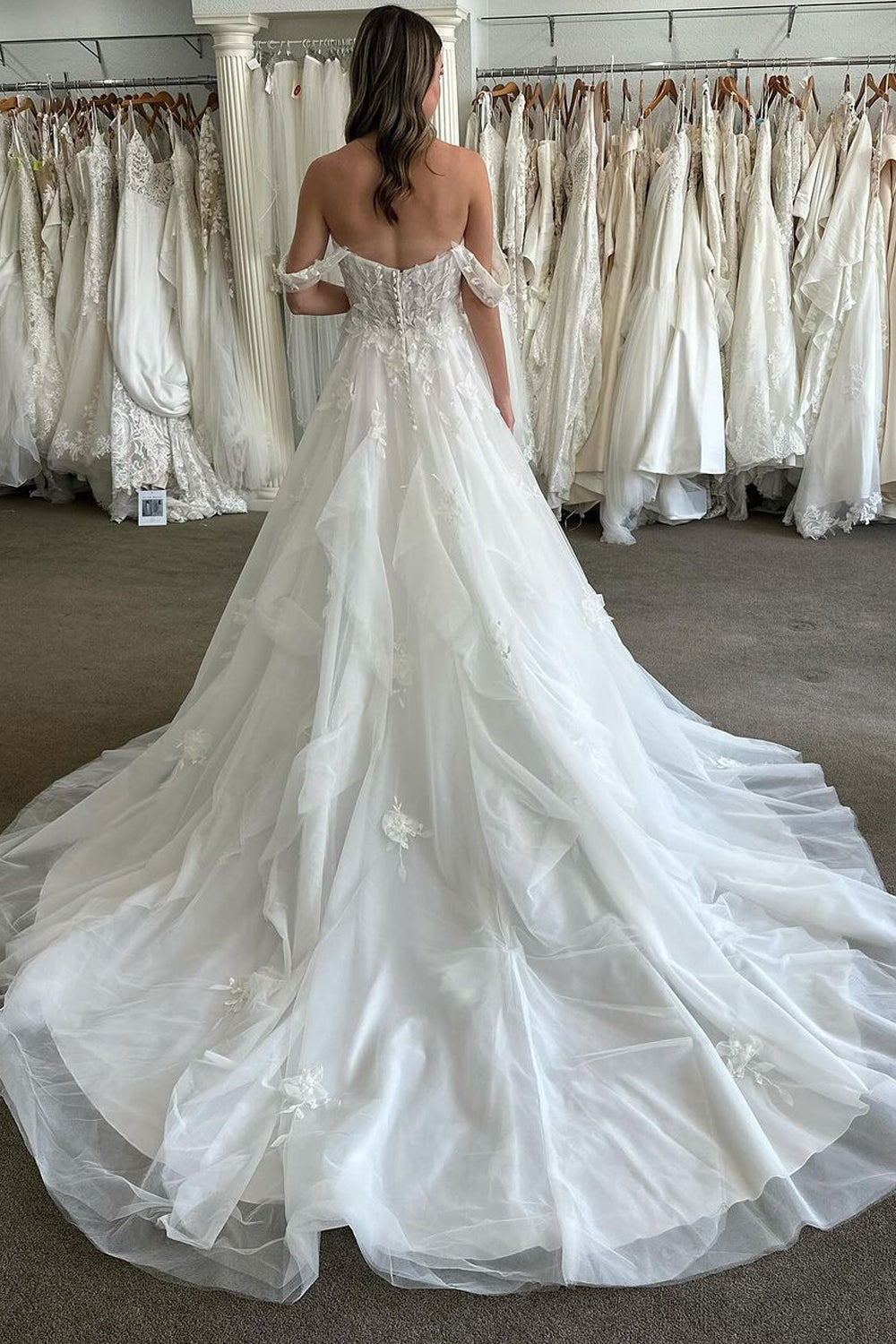 Charming A Line Off the Shoulder Tulle Wedding Dresses with Appliques