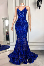 Hidais Mermaid Spaghetti Strap Sleeveless Royal Blue Long Prom Dress With Sequins