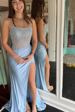 Mermaid Scoop Neck Stretch Satin Prom Dress with Beading