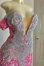 Gorgeous Pink Off-the-Shoulder Sequins Prom Dress Mermaid V-Neck With Beadings