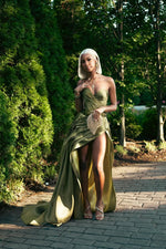 Modern Sage Green Sweetheart Prom Dress High Split Long With Pleats Lace-Up