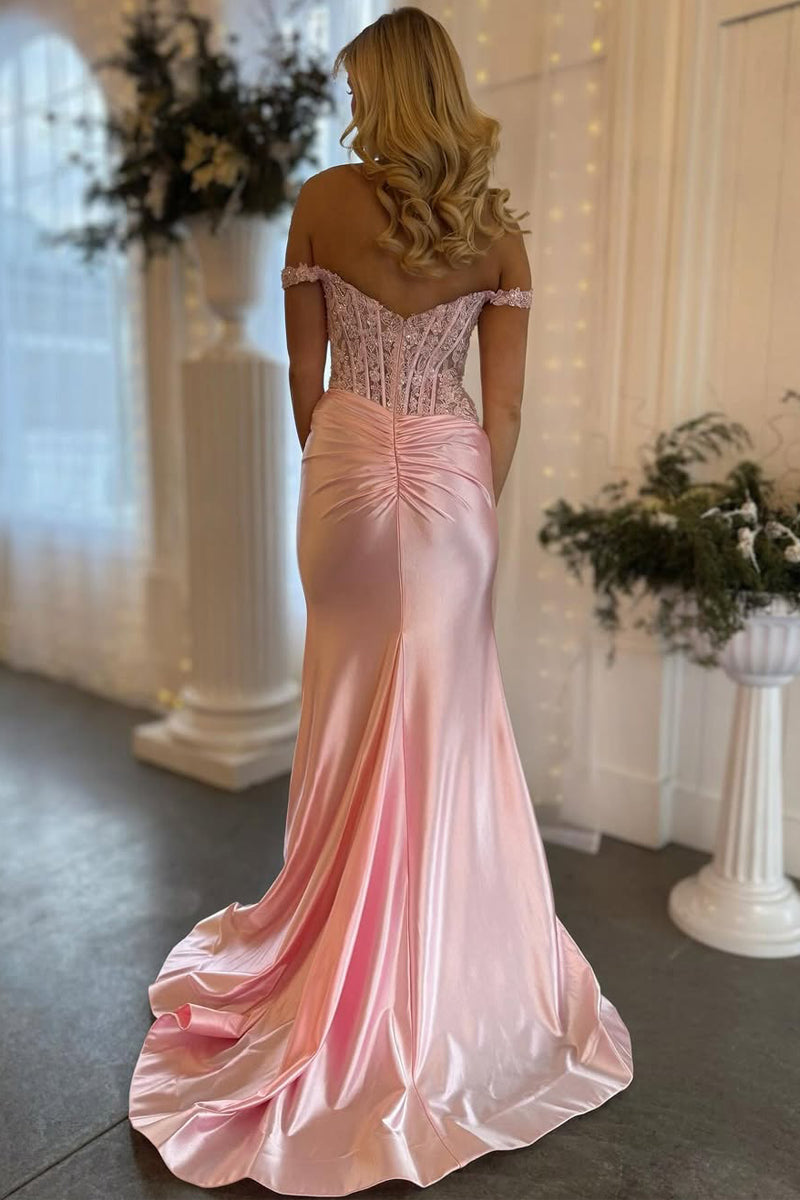 Charming Mermaid Off the Shoulder Blush Satin Prom Dress with Appliques