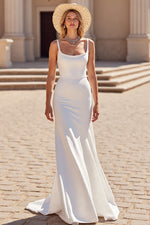 Square Straps Sleeveless Mermaid Wedding Dress Satin Long Zipper Back