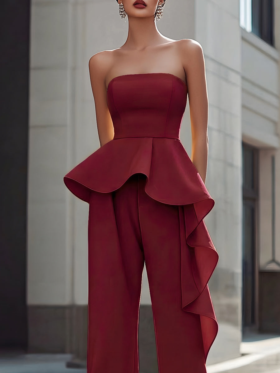 Strapless Sculpted Peplum Wide-Leg Jumpsuit