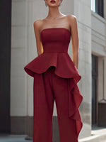Strapless Sculpted Peplum Wide-Leg Jumpsuit