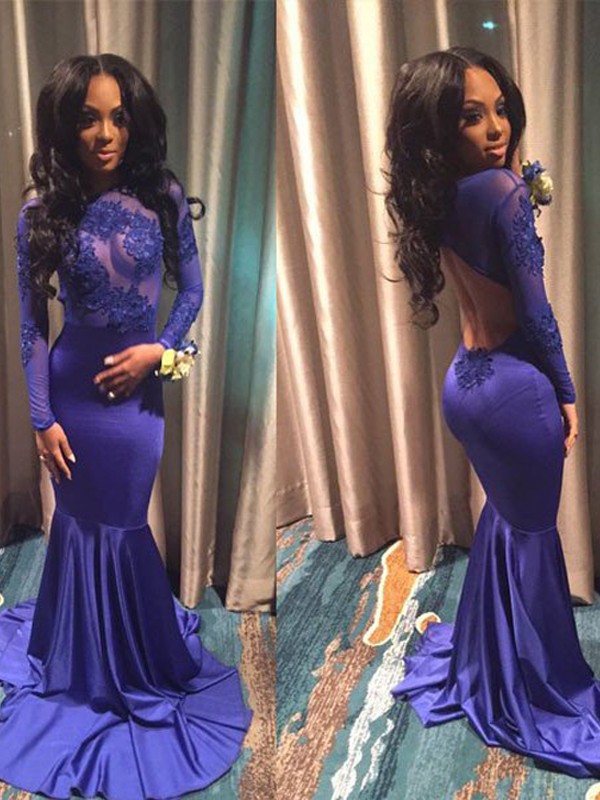 Backless Long Sleeves Mermaid Long Prom Dress Elegant With Lace Appliques