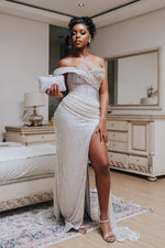 Modern Silver Off-the-Shoulder Sweetheart Mermaid Prom Dress Slit Long With Beadings