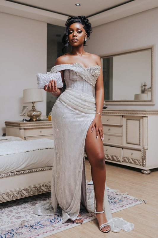 Modern Silver Off-the-Shoulder Sweetheart Mermaid Prom Dress Slit Long With Beadings