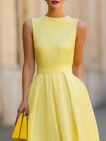 Bright Yellow Sleeveless Round Neck Pleated Midi Dress With Pockets