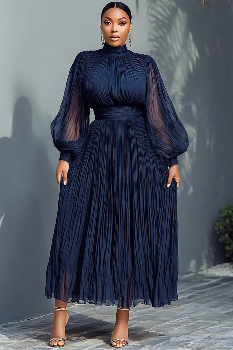 Plus Size Churchs Navy Blue Mock Neck Lantern Sleeve Long Sleeve See Through Elegant Ruffled Midi Dresses