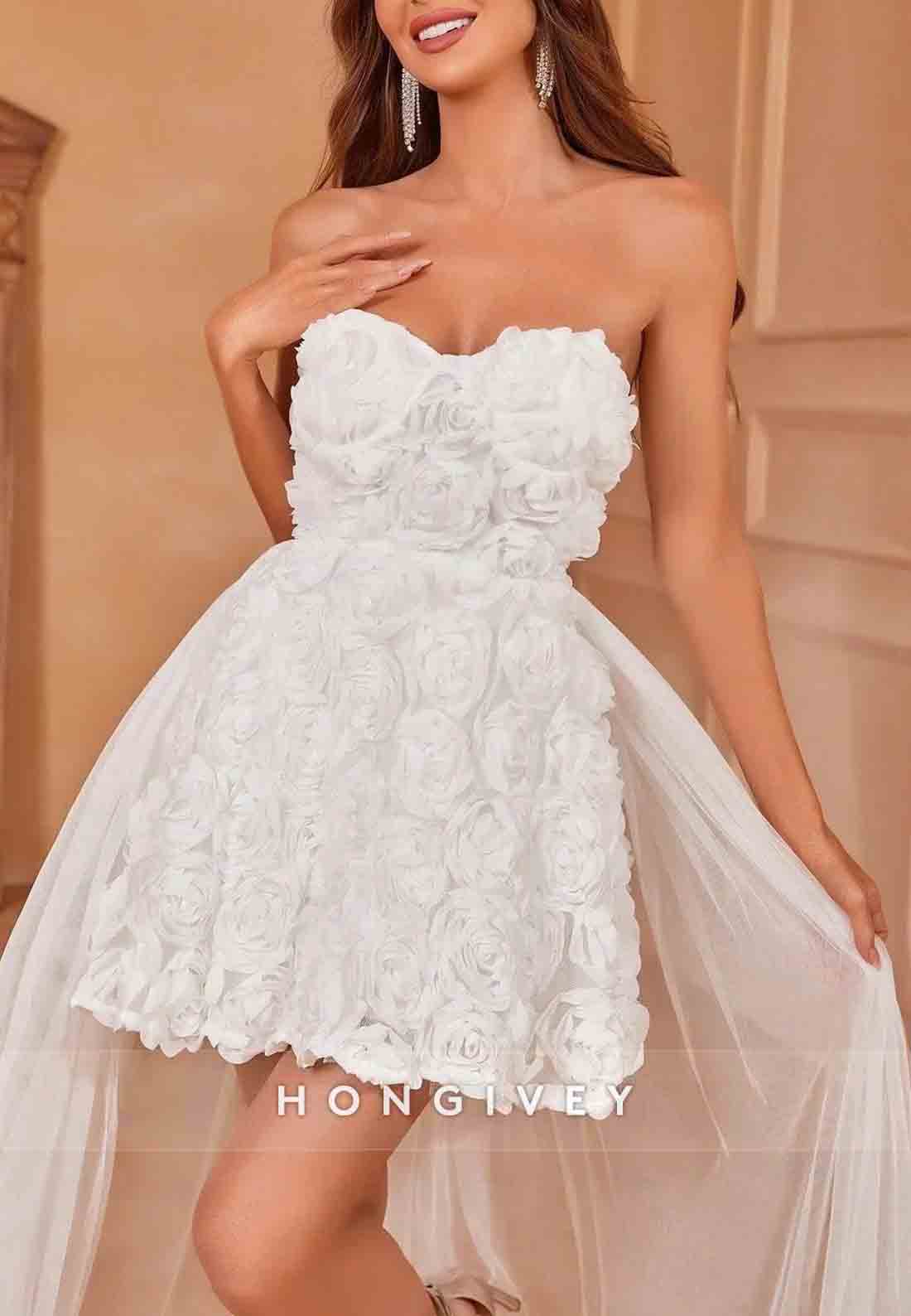 Strapless Stereo Flowers Mesh Detachable A-Line Overlay Tube Wedding Dress