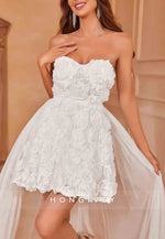 Strapless Stereo Flowers Mesh Detachable A-Line Overlay Tube Wedding Dress