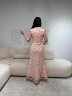 Pink High Neck Lace Sequins Flowers Long Sleeve Mermaid Ankle-Length Evening Dress