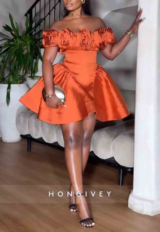 Off the Shoulder Satin Flowers Pleated Ball Gown Short Homecoming Dresses