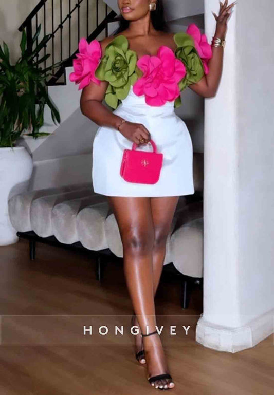 Shoulder Flowers Column Off the Shoulder Pleated Mini Homecoming Dresses