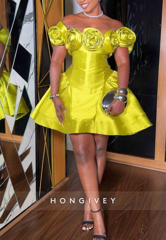 Off the Shoulder Satin Flowers Princess Pleated Short Homecoming Dresses