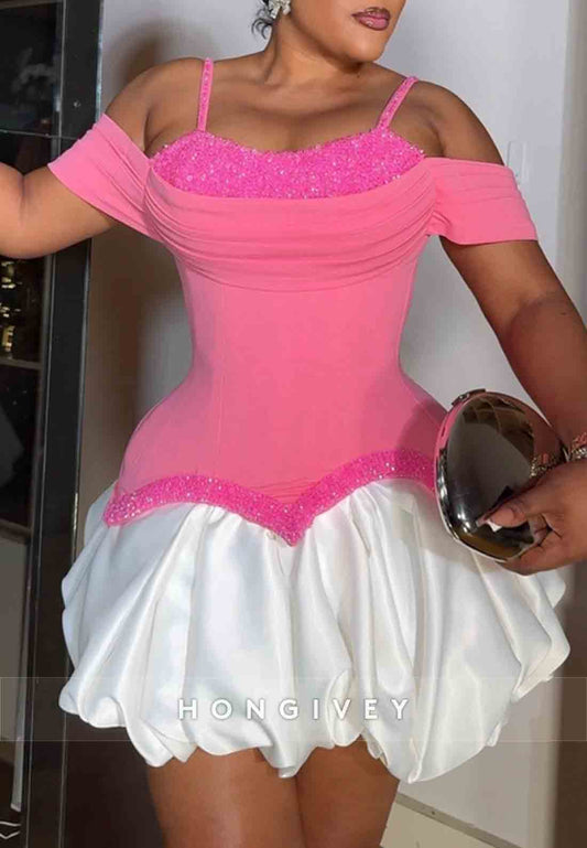 Off-Shoulder A-Line Pleated Regular Straps Beading Mini Homecoming Dresses
