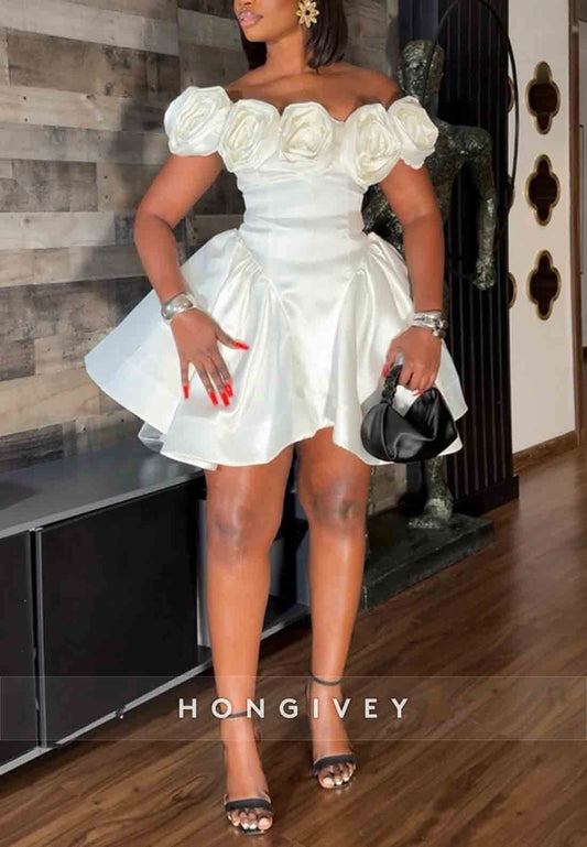 Flowers Off the Shoulder Ball Gown Satin Pleated Short Homecoming Dresses