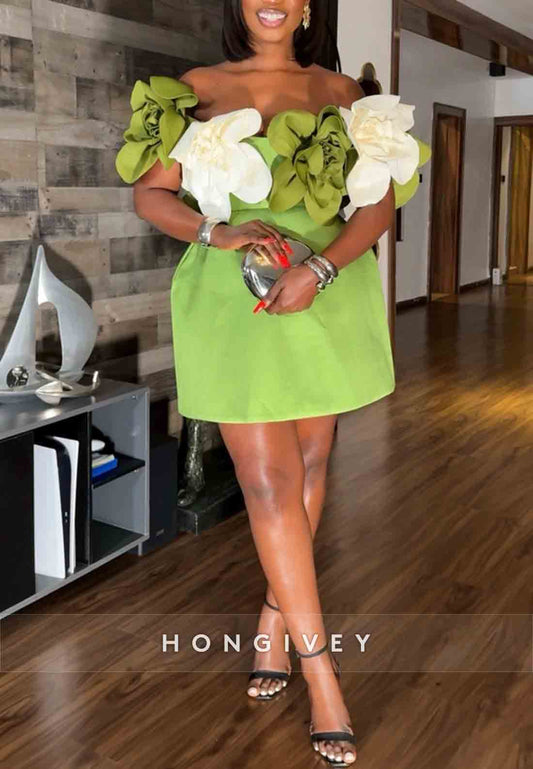 Off the Shoulder Handmade Flowers Column Pleated Short Homecoming Dresses