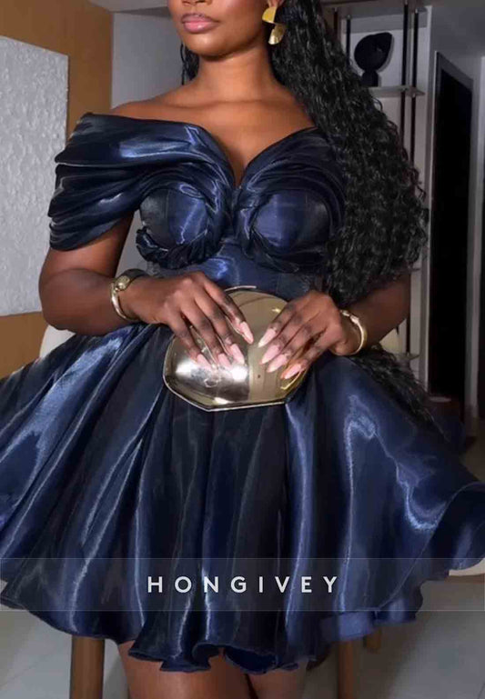 Navy Blue Off the Shoulder Satin Pleated Ball Gown Short Homecoming Dresses