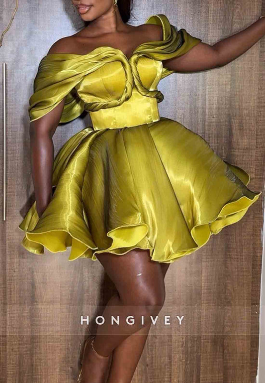 Off the Shoulder Pleated Satin Ball Gown Short Homecoming Dresses